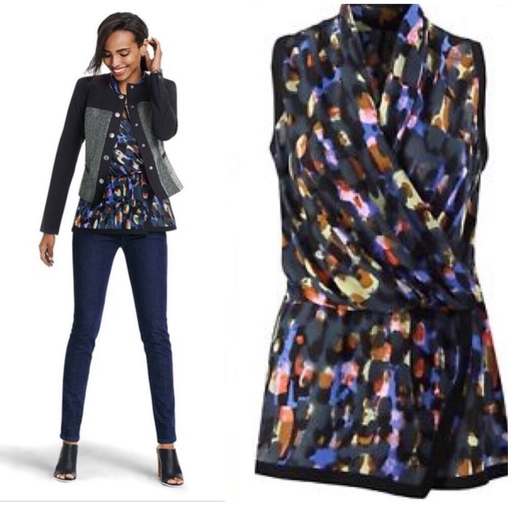 Cabi Womens Flaunt Faux Wrap Multicolor Sleeveless Blouse 3077 XS